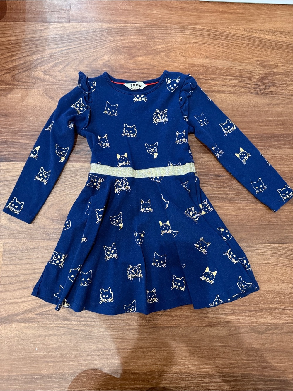 Mini Boden Navy Cat Print Long-Sleeve Dress with Gold Waistband